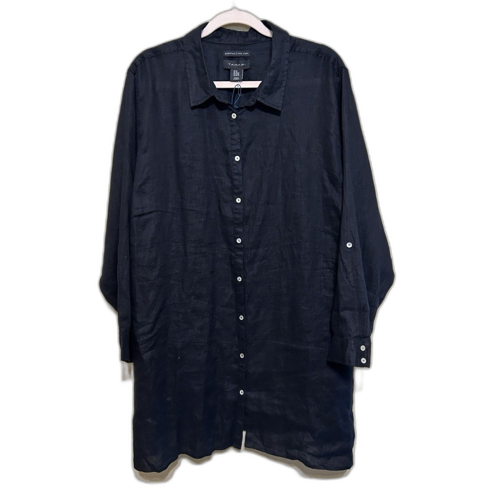 NWT Tahari 100% Linen Tunic Top Womens 3X Black Button Up Lagenlook Coastal